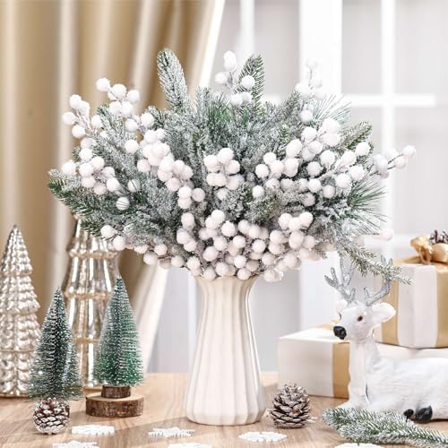 White Snowy Pine Tree Picks & Berry Stems - Christmas Decor - 80 Pcs