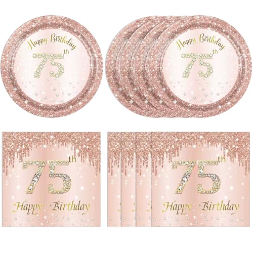 KHAIVI 75th Birthday Party Plates and Napkins Rose Gold 75 Year Old Tableware - 40 pcs