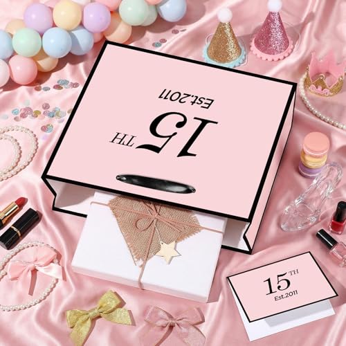 15th Birthday Gift Bag for Girls, Large Pink & Black Est. 2011 Present Bag with Card and Tissue Paper