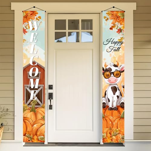BlissYard Thanksgiving Porch Banner 12x71 Inch Cow Pumpkin Fall Decor