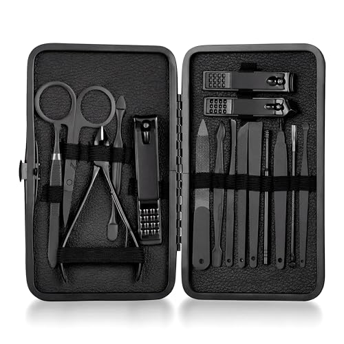 16-in-1 Professional Manicure & Pedicure Grooming Kit in Matte Black
