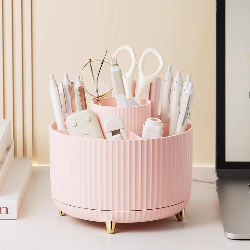 360 Rotating Makeup Brush Holder - 5 Slot Desktop Organizer (Pink, Small)
