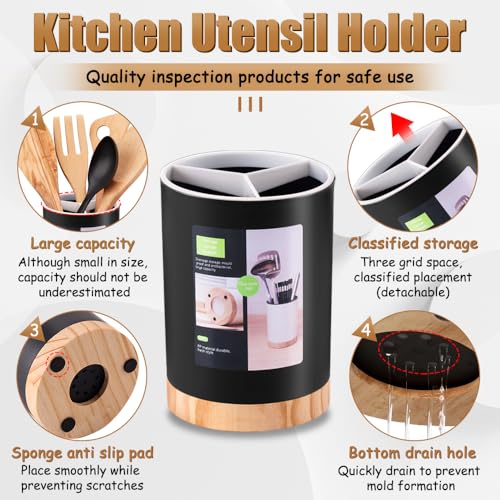 Kitchen Utensil Holder with Removable Divider and Wooden Drain Base