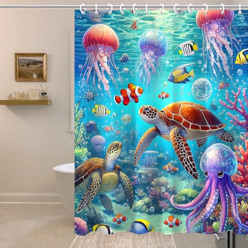 Waterproof Jellyfish Turtle Shower Curtain - Ocean Theme 72x72