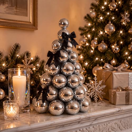 Disco Mirror Ball Christmas Tree Decorations - 11.8 Inches with Black Bow - Variation of THIS listing
