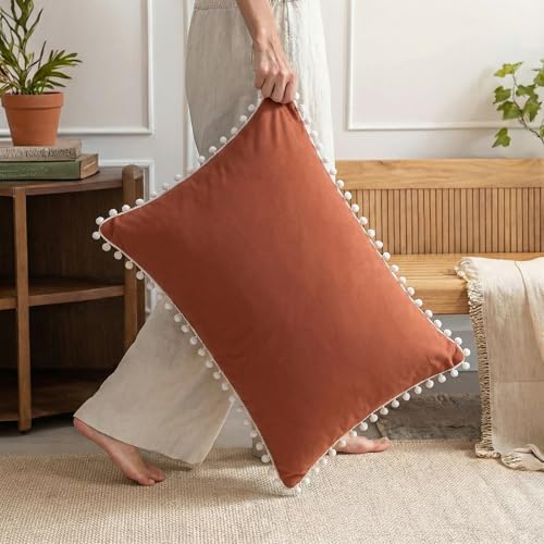 Rust Pom Poms Pillowcases Set of 2, 30x20 Queen Size, Soft Microfiber