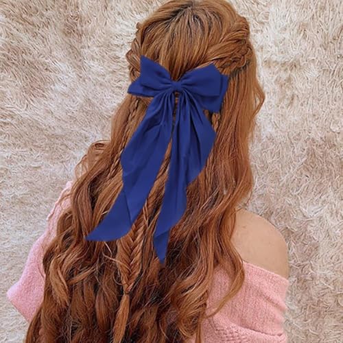 Dladhict Royal Blue Satin Hair Bow Clip, Large Long Ribbon Hair Barrette