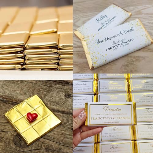 100 Pack Gold Foil Candy Bar Wrappers with Stickers, 6"x7.5"