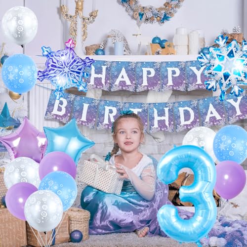 Chlororixia 3rd Birthday Party Decorations with 40 Inch Blue Number 3 Balloon and Festive Foil Snowflake Balloons - Variation 3