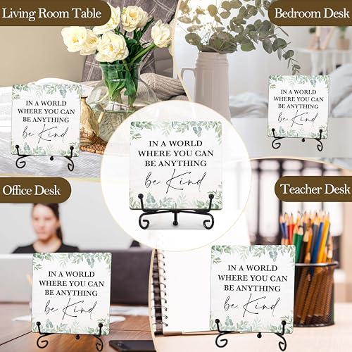 Be Kind Motivational Wooden Desk Sign with Iron Stand, 5x5 Inch Eucalyptus