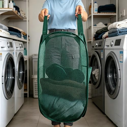 Larpur Pop-Up Laundry Hamper, Collapsible Mesh Clothes Basket - Dark Green