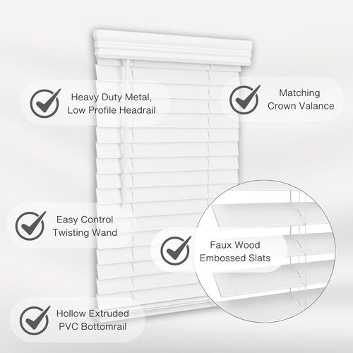 Lotus & Windoware Cordless 2-Inch Faux Wood Blinds - Bright White, 34" Wide x 60" Long