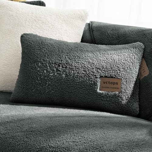 Luxury Double-Sided Sherpa Fleece Throw Pillow Covers - 12x20 inches (Set of 2, Dark Grey)