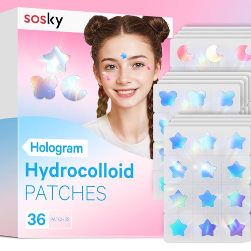 Sosky Holographic Pimple Patches - Salicylic Acid Hydrocolloid Acne Zit Stickers, 36 Count