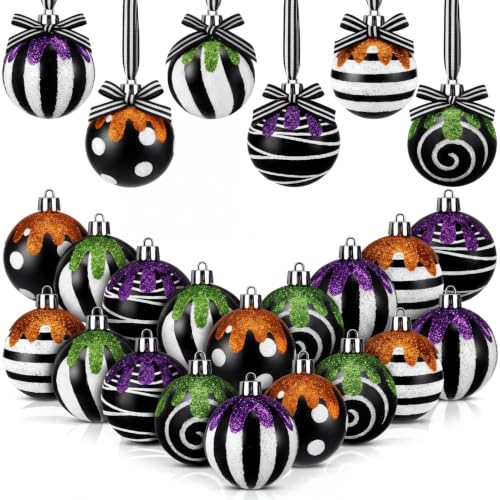 24 Pcs Halloween Black and White Christmas Ball Ornaments for Tree - Spooky Variation