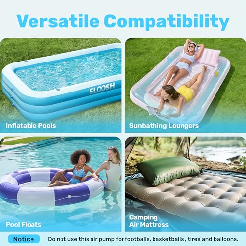 SLOOSH Electric Air Pump for Inflatables - Quick-Fill Inflator with 3 Nozzles