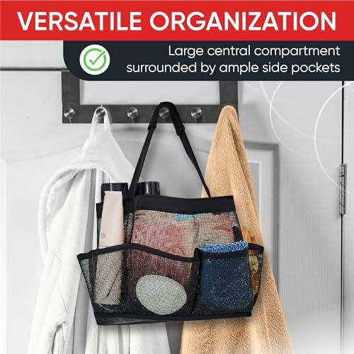 Masirs 9-Pocket Mesh Shower Caddy Tote - Portable Bathroom Organizer (Black)