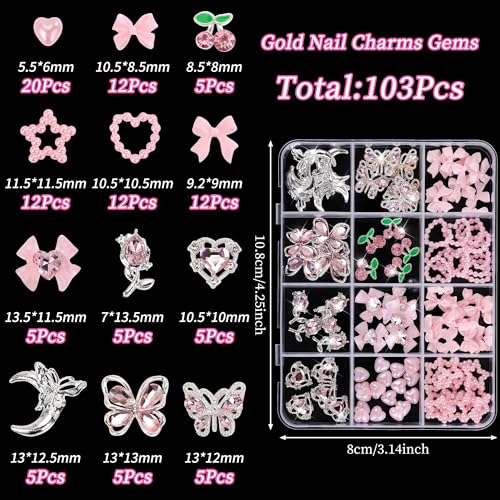 110Pcs Pink Bow Flower Nail Charms Rhinestone 3D Alloy Art Decor