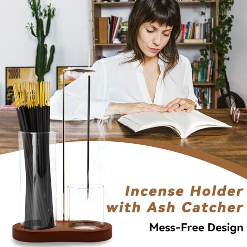 Multi-Functional Incense Holder with Glass Ash Catcher - Rustic Brown