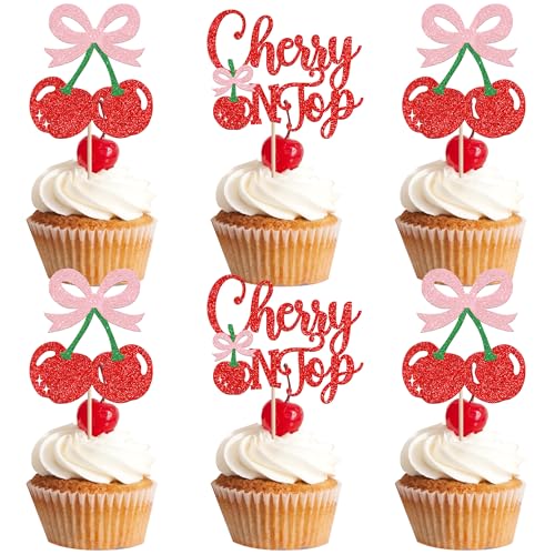 24 PCS Cherry On Top Cupcake Toppers - Glitter Cherry Picks, Design 1