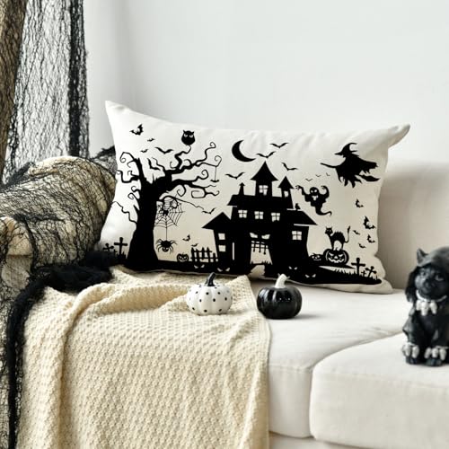 Halloween Haunted House Throw Pillow Cover, 12x20 Inch - AVOIN