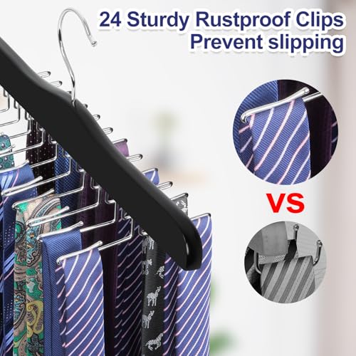 Black Wooden Tie Rack Organizer with 24 Folding Hooks - Space Saving Closet Storage