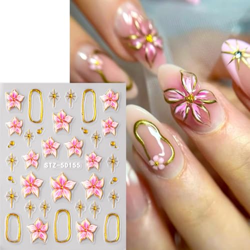 5D Embossed Flower Nail Art Stickers - Pink Lily Gold Frame Decals 3 Sheets