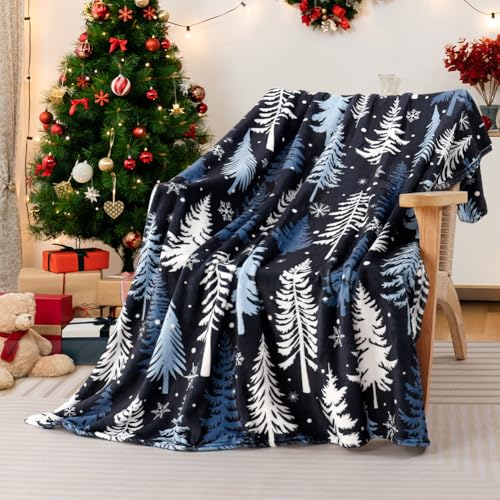 Dark Blue Christmas Throw Blanket Snowflake Tree Fleece 50x60 Inches - Cozy Holiday Gift