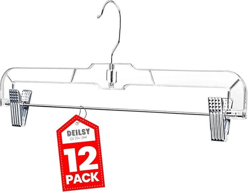 DEILSY™ Skirt Hanger - Non-Slip Pants Hangers with Adjustable Clips - Clear Plastic, Pack of 12