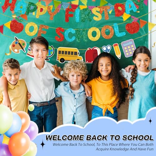 Fulmoon Happy First Day of School Banner Glitter Back to School Decor - Pre-Strung & Durable