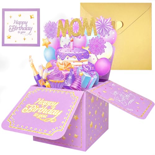 3D Pop Up Birthday Card for Mom - Purple and Gold Cake Design with Envelope