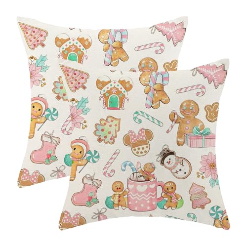 Pink Gingerbread Man Christmas Pillow Covers 18x18 - Set of 2
