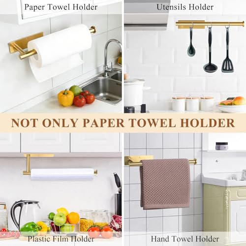 Gold Stainless Steel Under Cabinet Paper Towel Holder - Self-Adhesive Wall Mount Kitchen & Bathroom Organizer