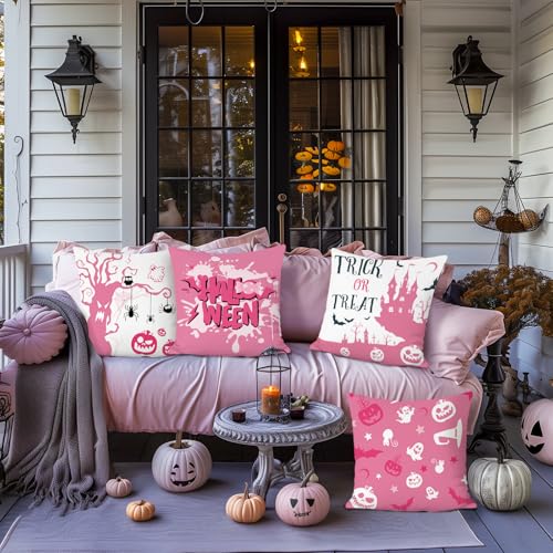 Pink Halloween Pillow Covers Set of 4 - 18x18 Inches Velvet
