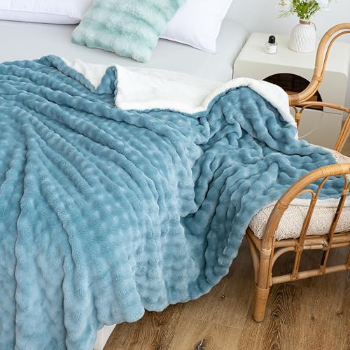 50x60 Inch Light Blue Fuzzy Camping Blanket - Thick Sherpa Plush Throw for Couch, Bed, Travel