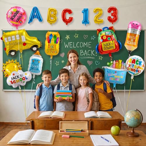 Back to School Balloon Decoration Kit - 15 Foil Balloons for Classroom