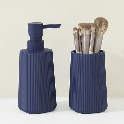 YAUKPH Bathroom Accessories 2 Piece Soap Dispenser and Toothbrush Holder Set Striped Blue