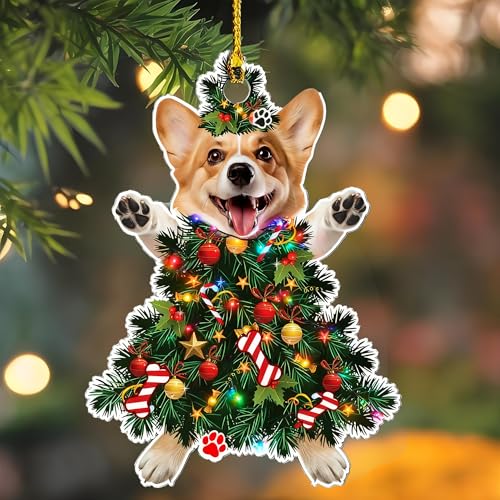 Corgi Christmas Tree Ornament Hand-Painted Wooden Dog Holiday Decor