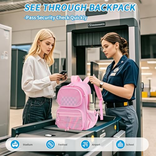 MUSEVOS Pink Mesh Backpack, Large See-Through Stadium Approved Bookbag