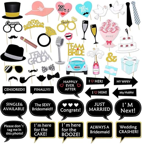 52-Piece Wedding Photo Booth Prop Kit for Bridal Shower and Engagement