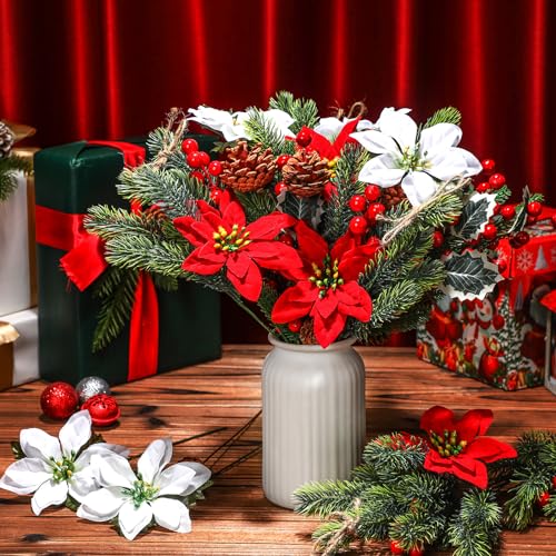 Artificial Christmas Poinsettia Flowers Stem Picks - Red, Green, White Set of 20
