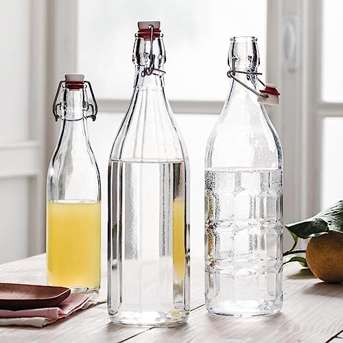 Bormioli Rocco Set Of 2 Moresca Bottles, 33.75 Oz. Clear Textured Glass, With Swing Top Hermetic Lid, Leak Proof Water Bottle, Dishwasher Safe, Made In Italy
