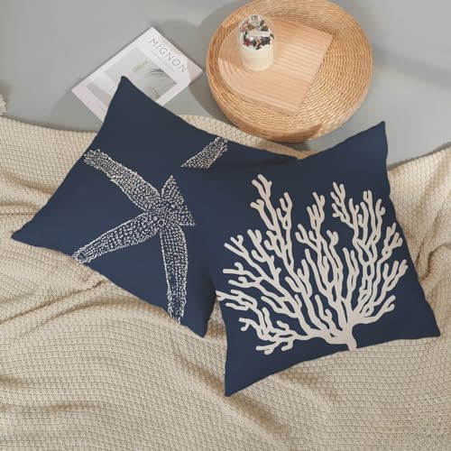 Navy Blue Starfish Coral Pillow Covers 20x20 Inch (Pack of 2) - Summer Decor