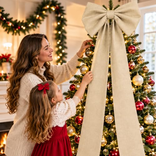 Beige Extra Large Burlap Bow Tree Topper 118x28 Inch Christmas Decor