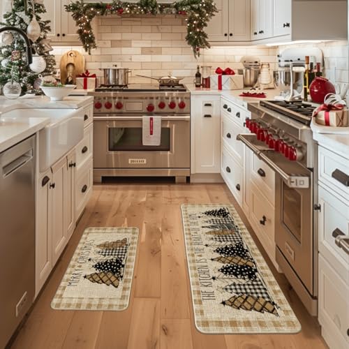 Buffalo Plaid Xmas Tree Kitchen Mats Set of 2 - Brown & Beige, 17x29 & 17x47 Inches