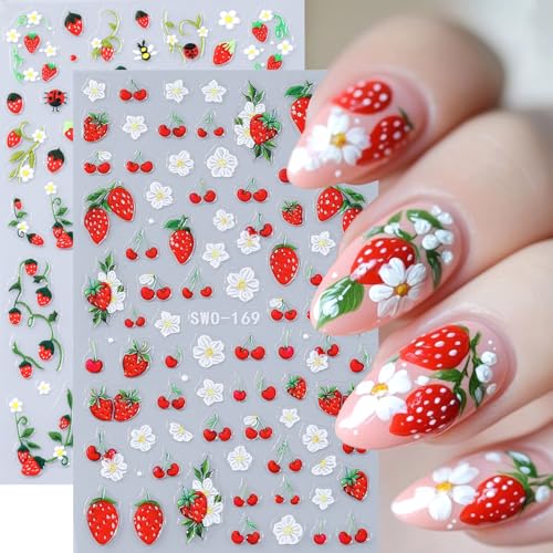 3D Embossed Floral Nail Art Stickers Daisy Strawberry Cherry Decals
