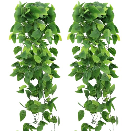 HOREAKHJ 2-Pack Faux Hanging Plants - Green Pothos Ivy Vines for Indoor & Outdoor Decor