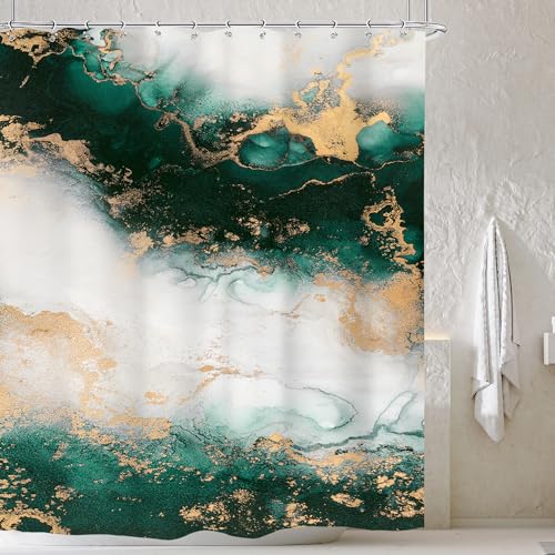 Cinbloo Emerald Green and Gold Marble Abstract Shower Curtain 60x72