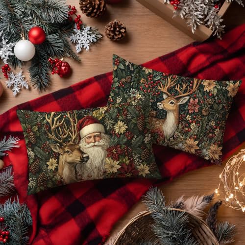 William Morris Style Christmas Santa Deer Pillow Cover 12x20 Set of 4 - Reindeer Holiday Decor