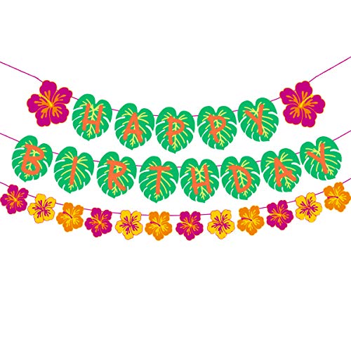Tropical Luau Happy Birthday Banner with Palm Leaves & Flowers